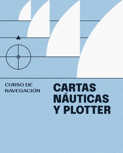 La portada de un libro en azul y blanco titulado "Curso de Navegación: Cartas náuticas y plotter" presenta texto en negrita y un diseño con formas semicirculares y geométricas. Destaca tanto los cursos teórico-prácticos como la formación de prestigio que ofrece La Marina de València.