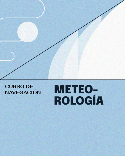 Portada del libro con el nombre del producto "Curso de Navegación: Meteorología" sobre un fondo azul con formas abstractas en blanco y azul, perfecto para formación a bordo en La Marina de València.