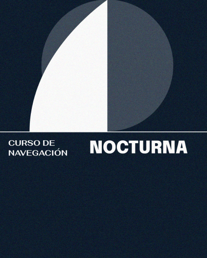 Un póster azul oscuro con un gráfico blanco parecido a una vela. El texto dice: "Curso de Navegación: Nocturna" de Oscar García Flores, ofrecido por La Marina de València, con formación a bordo.