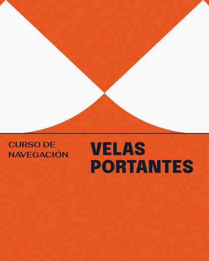 Un cartel naranja y blanco con el texto "Curso de Navegación: Velas Portantes" en español, destacando la formación a bordo en Marina de València.